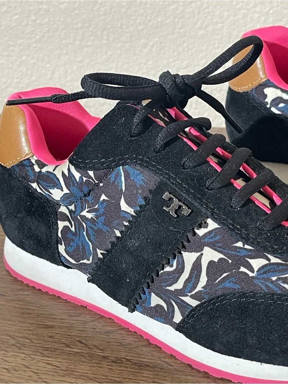 Tory Burch Black Floral Sneakers with Hot Pink Accents